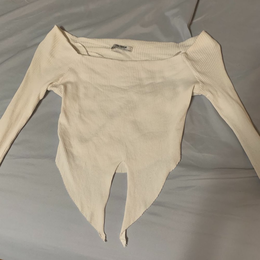 White Off Shoulder Long Sleeve Tie Front Crop Top